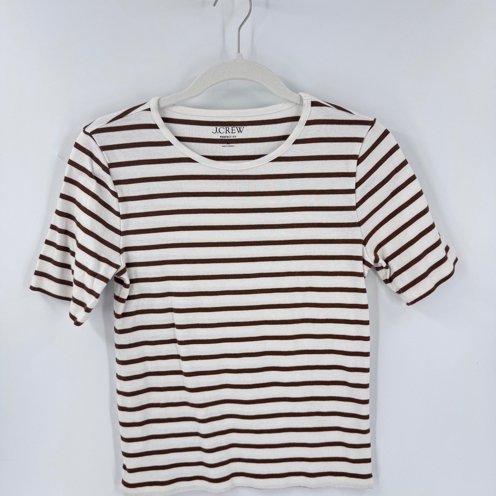 J.CREW Perfect Fit T-Shirt White Brown Medium Striped Short Sleeve Ribbed Tee